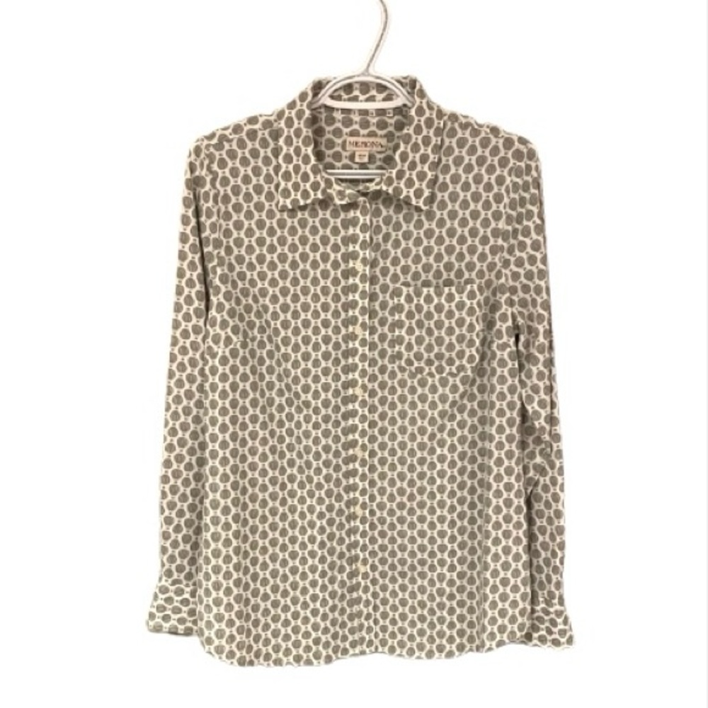 Grey hot air balloon print button up blouse. 100% polyester